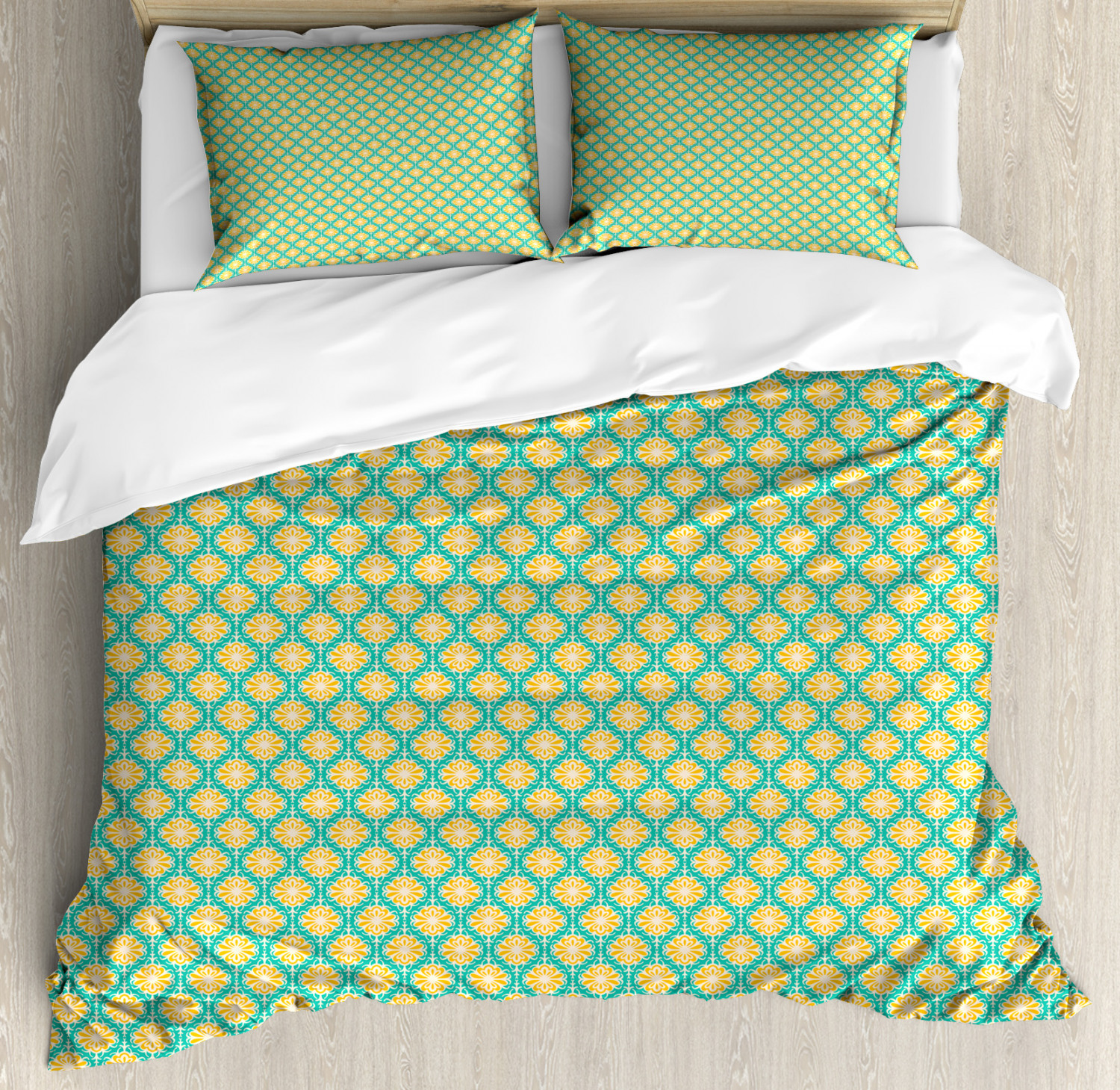 Retro Duvet Cover Set with Pillow Shams Floral Tile Art Motifs Print Retro Duvet Cover Set with Pillow Shams Floral Tile Art Motifs Print