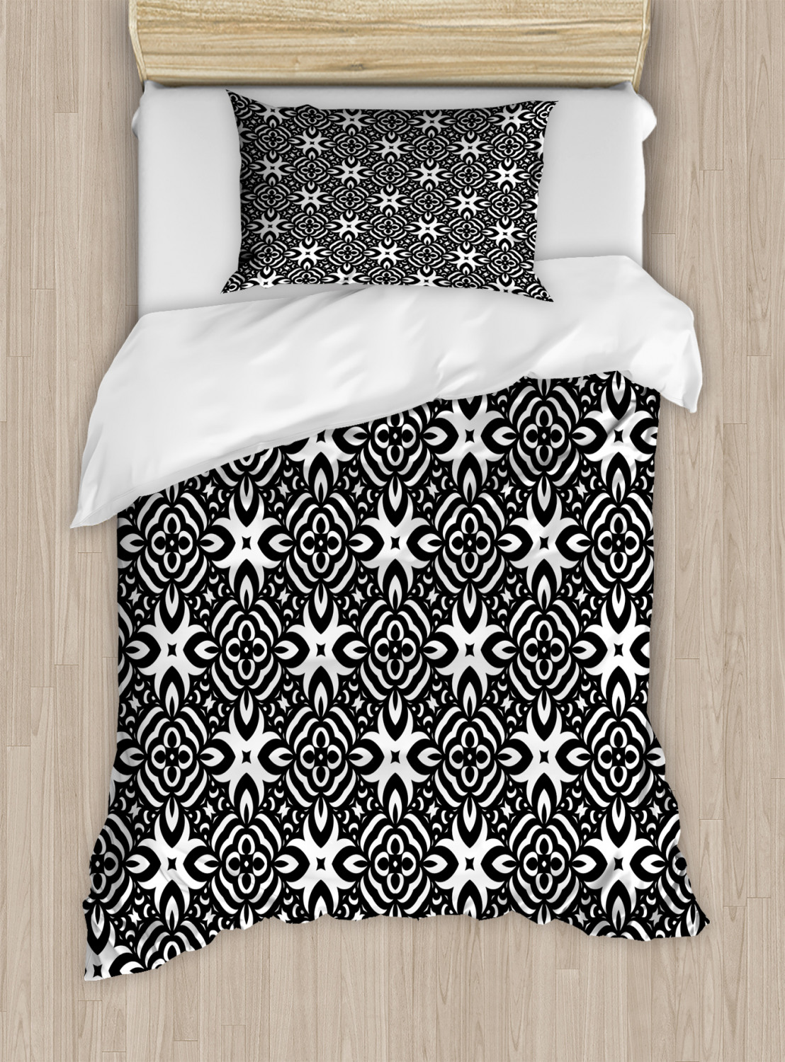 Black and White Duvet Cover Set with Pillow Shams Floral Squares Print