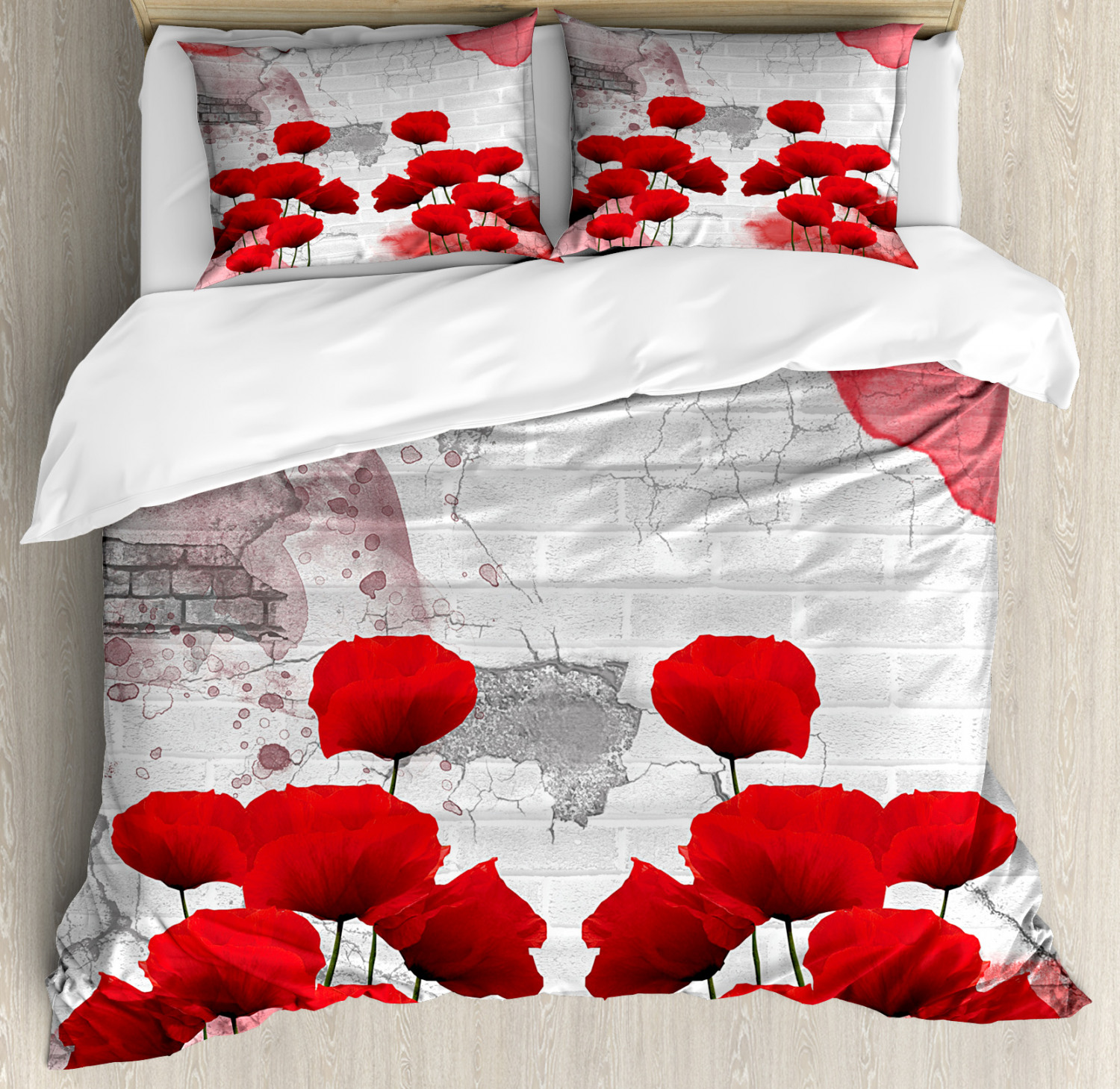 Poppy Duvet Cover Set with Pillow Shams Blossoming Rural Field Print