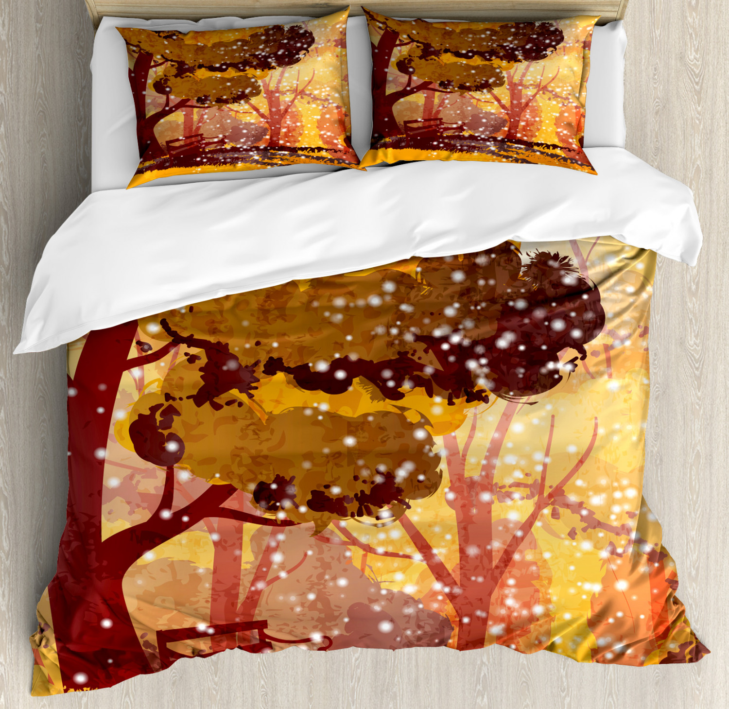 Autumn Duvet Cover Set with Pillow Shams Tree and the Park Bench Print