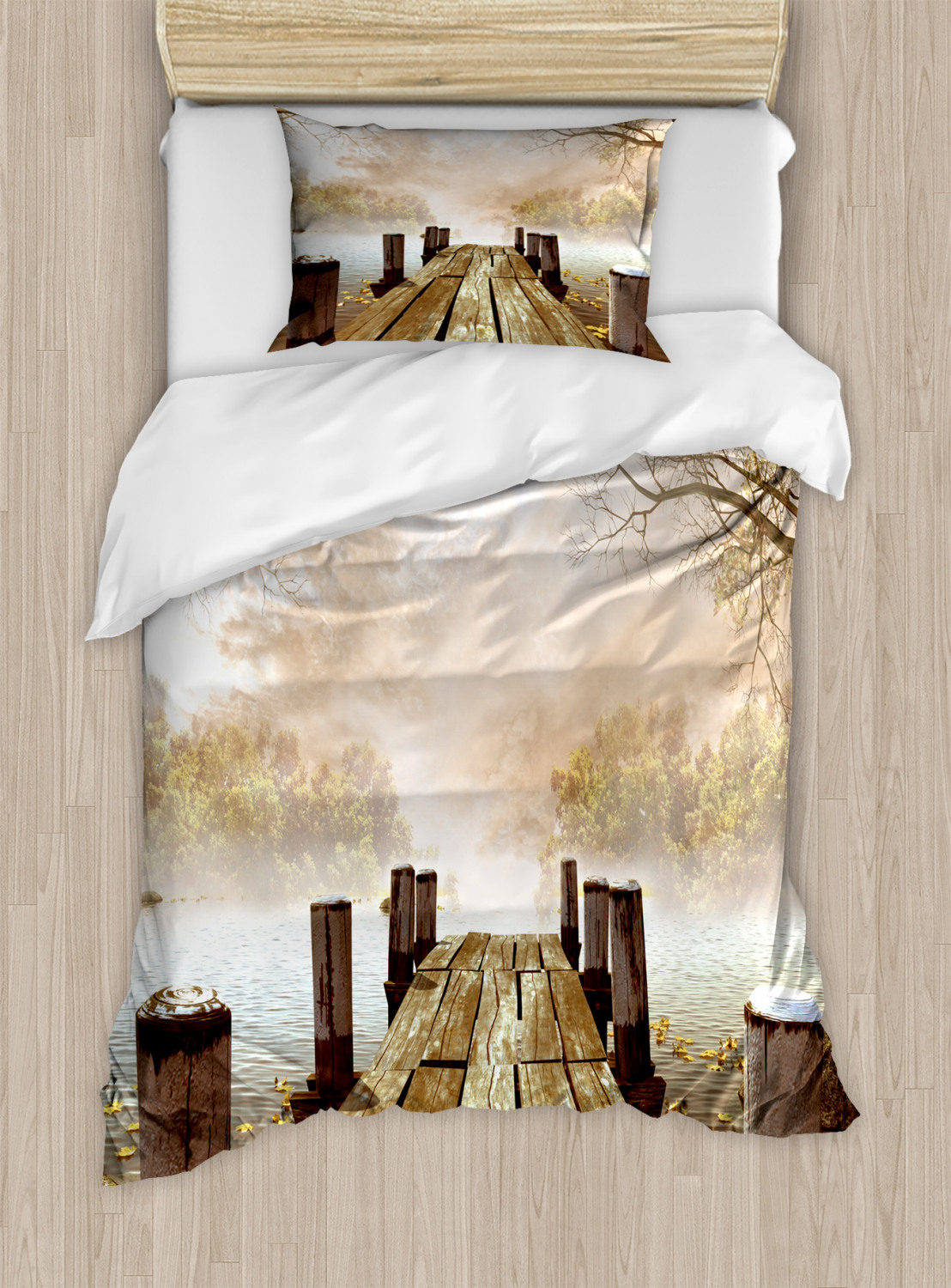 Autumn Duvet Cover Set With Pillow Shams Fall Lake In Forest Print