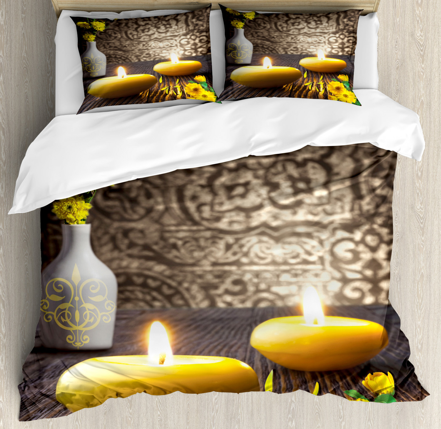 Zen Duvet Cover Set With Pillow Shams Oriental Meditative Candles