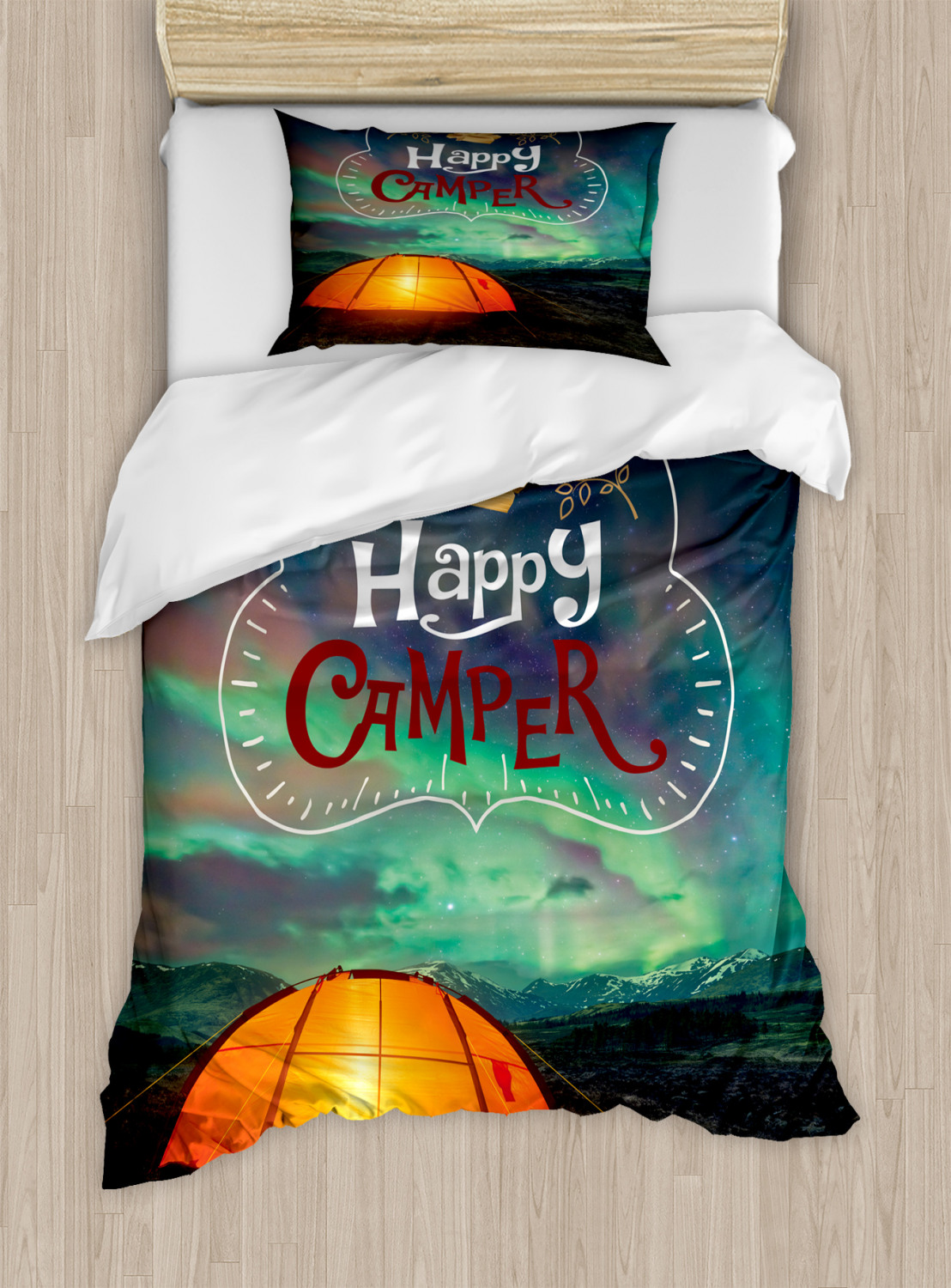 Nature Theme Elements for Camping Bonfire Outdoor Activities Ambesonne Happy Camp Duvet Cover Set King Size Decorative 3 Piece Bedding Set with 2 Pillow Shams Pale Green Multicolor
