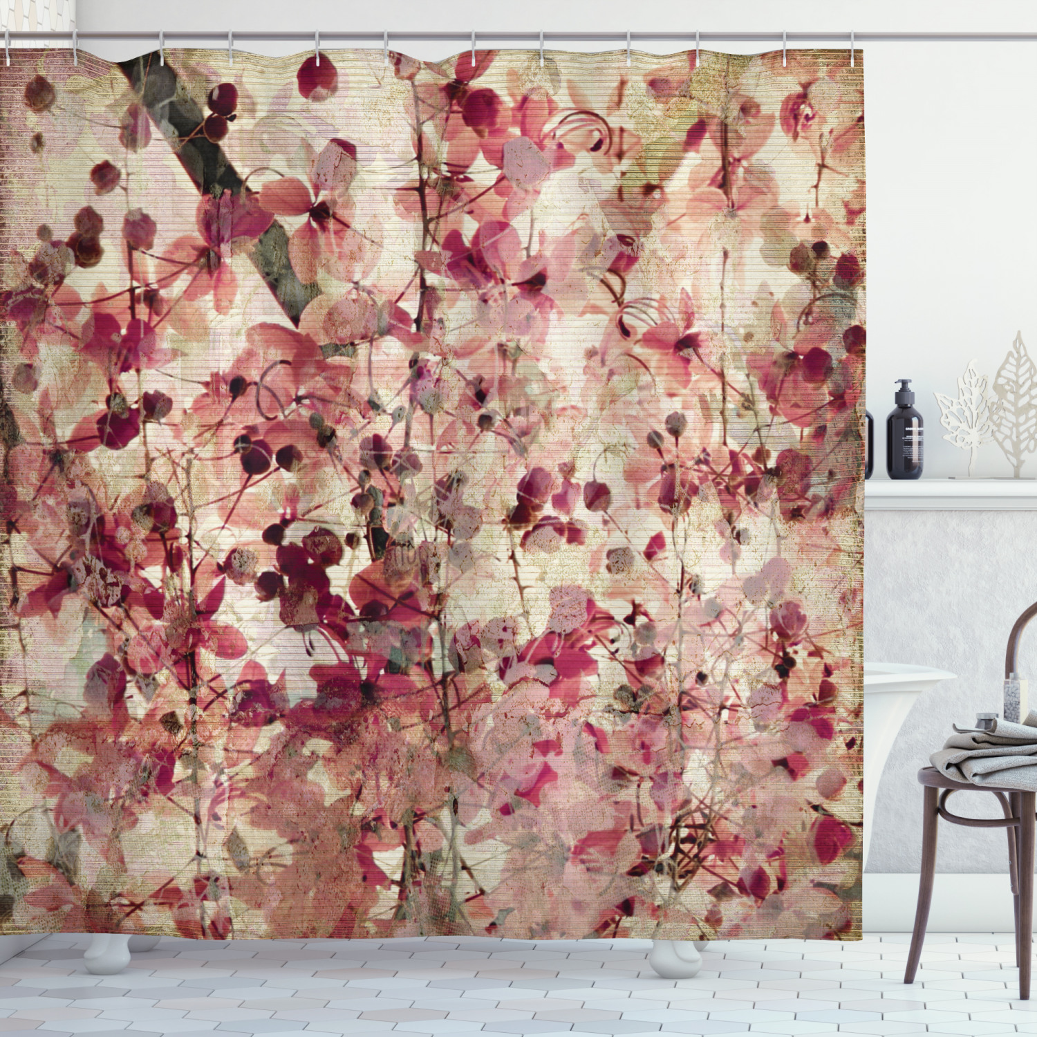 Retro Shower Curtain Cherry Blossoms Floral Print for Bathroom 