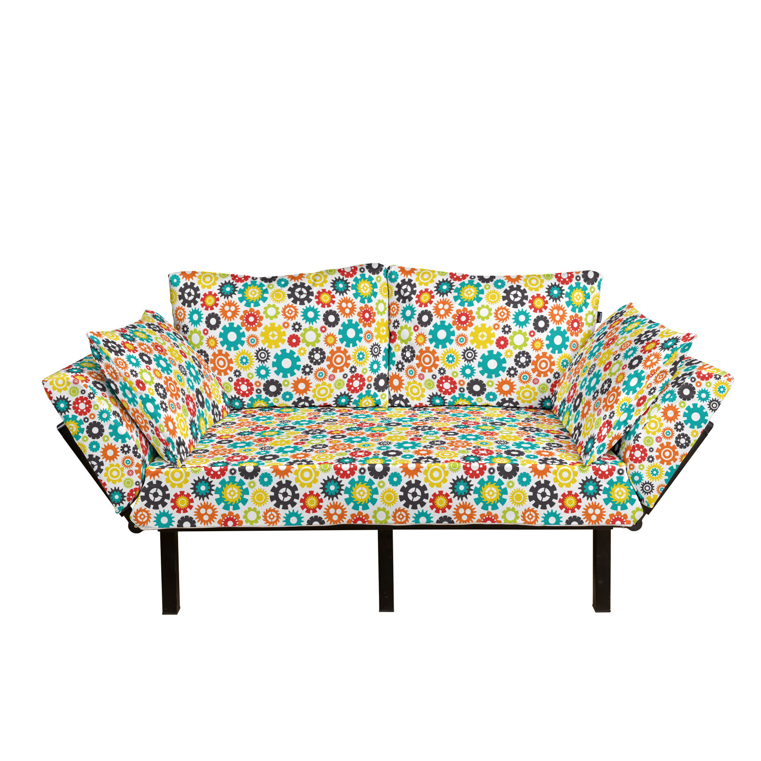 Ambesonne Floral Futon Couch Loveseat Daybed with Metal Frame Upholstered Sofa for Living Dorm Vertical Wavy Ornament Lines and Graphic Flowers on Branch Pattern Jade Green Orange