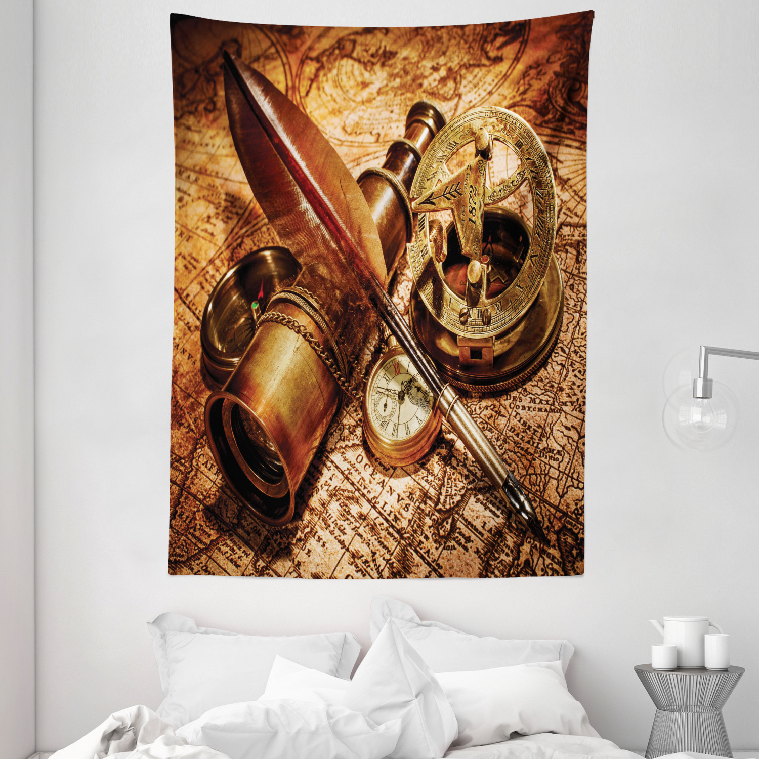 Brown Tapestry Compass Goose Quill Pen Print Wall Hanging Decor