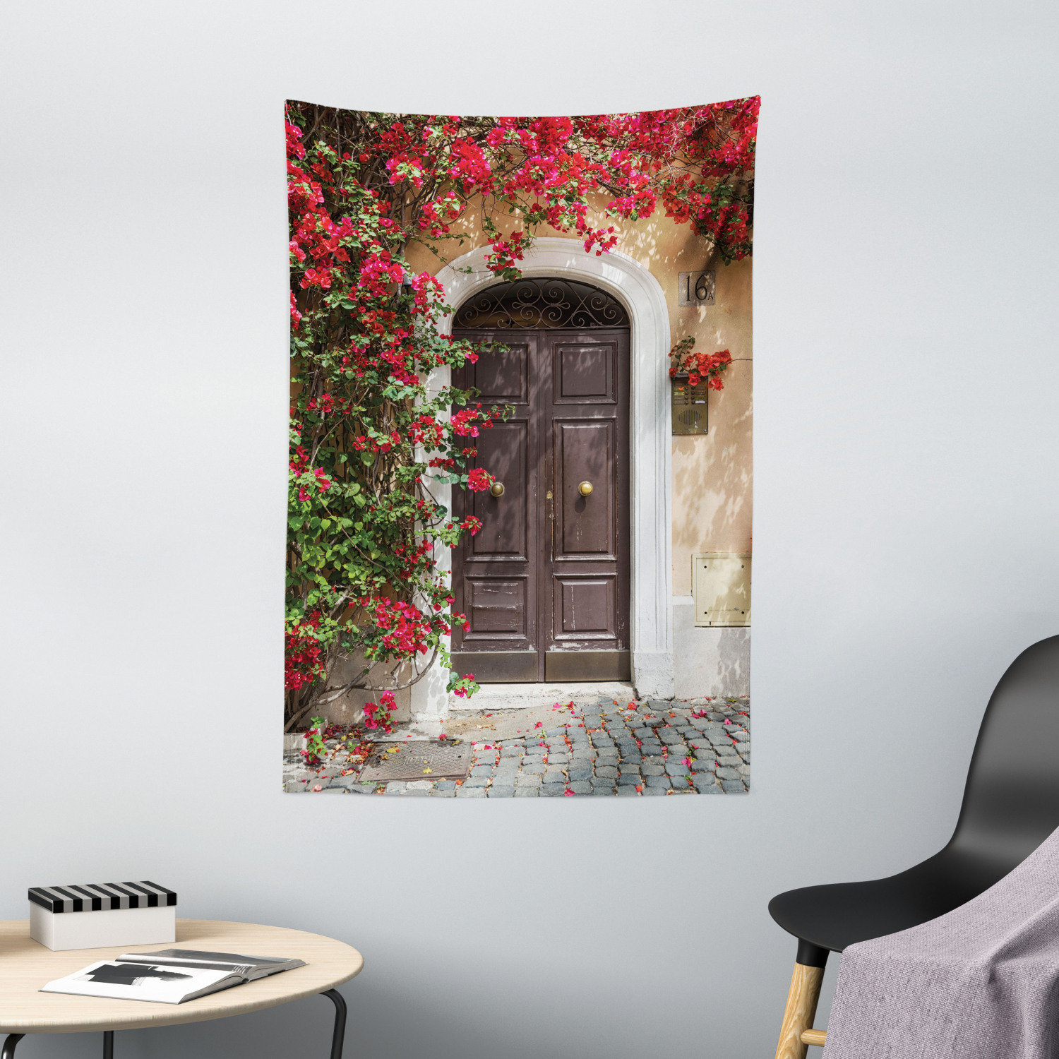 Moroccan Tapestry Old Door with Flowers Print Wall Hanging Decor