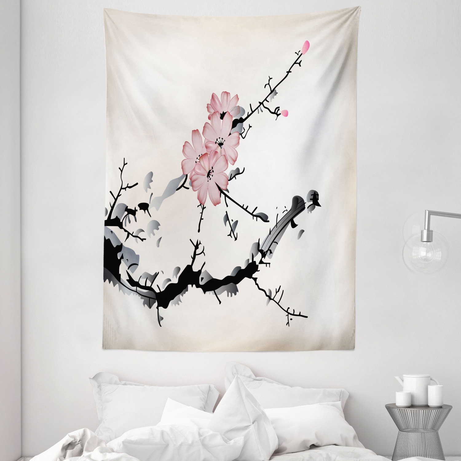 Ambesonne Japanese Tapestry, Watercolors Illustration Traditional Native Blossoming Floral Temperate Zone Plant, Wall Hanging for Bedroom Living Room Dorm Decor