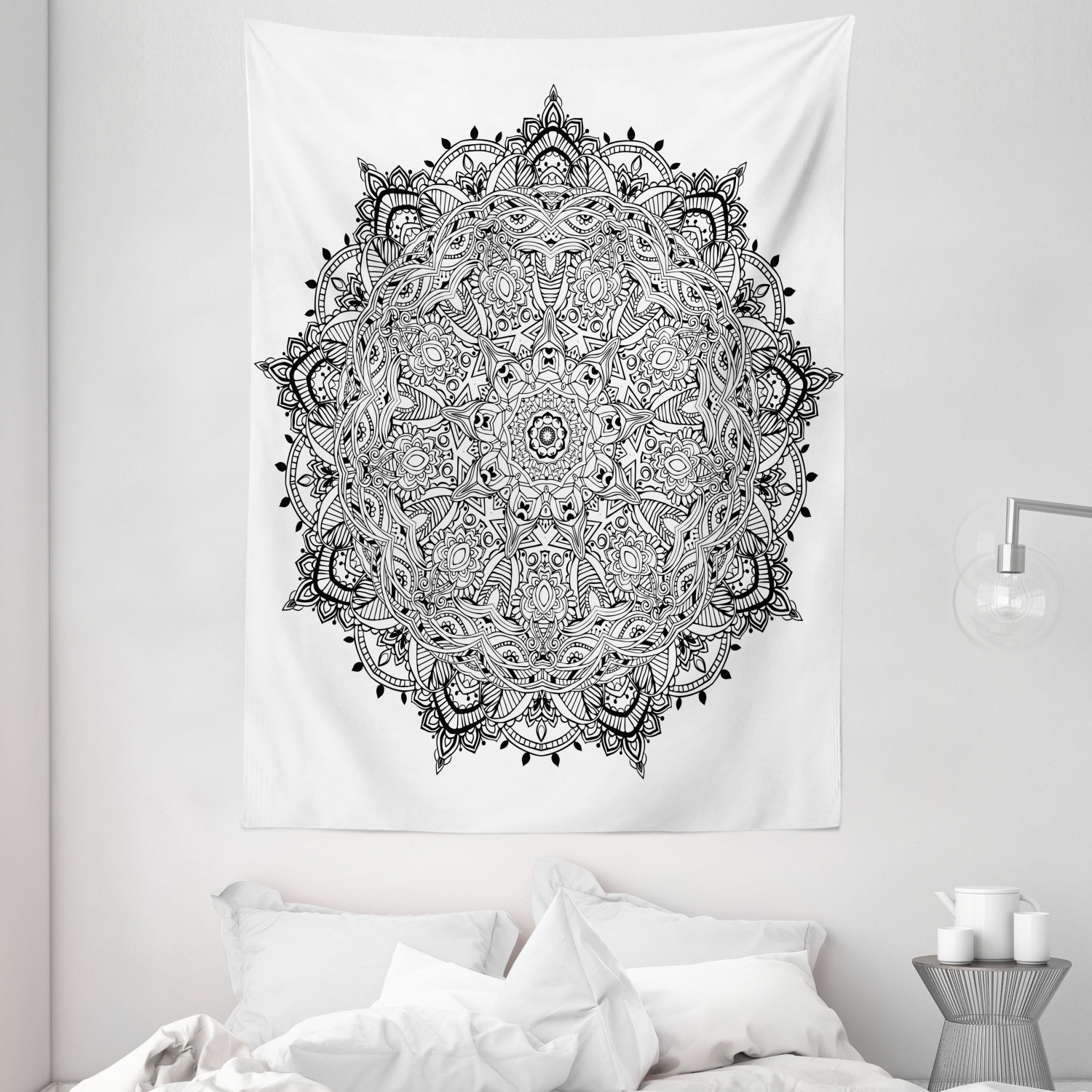 Fabric Tapestry Mandala Art Black White Print Wall Hanging Decor