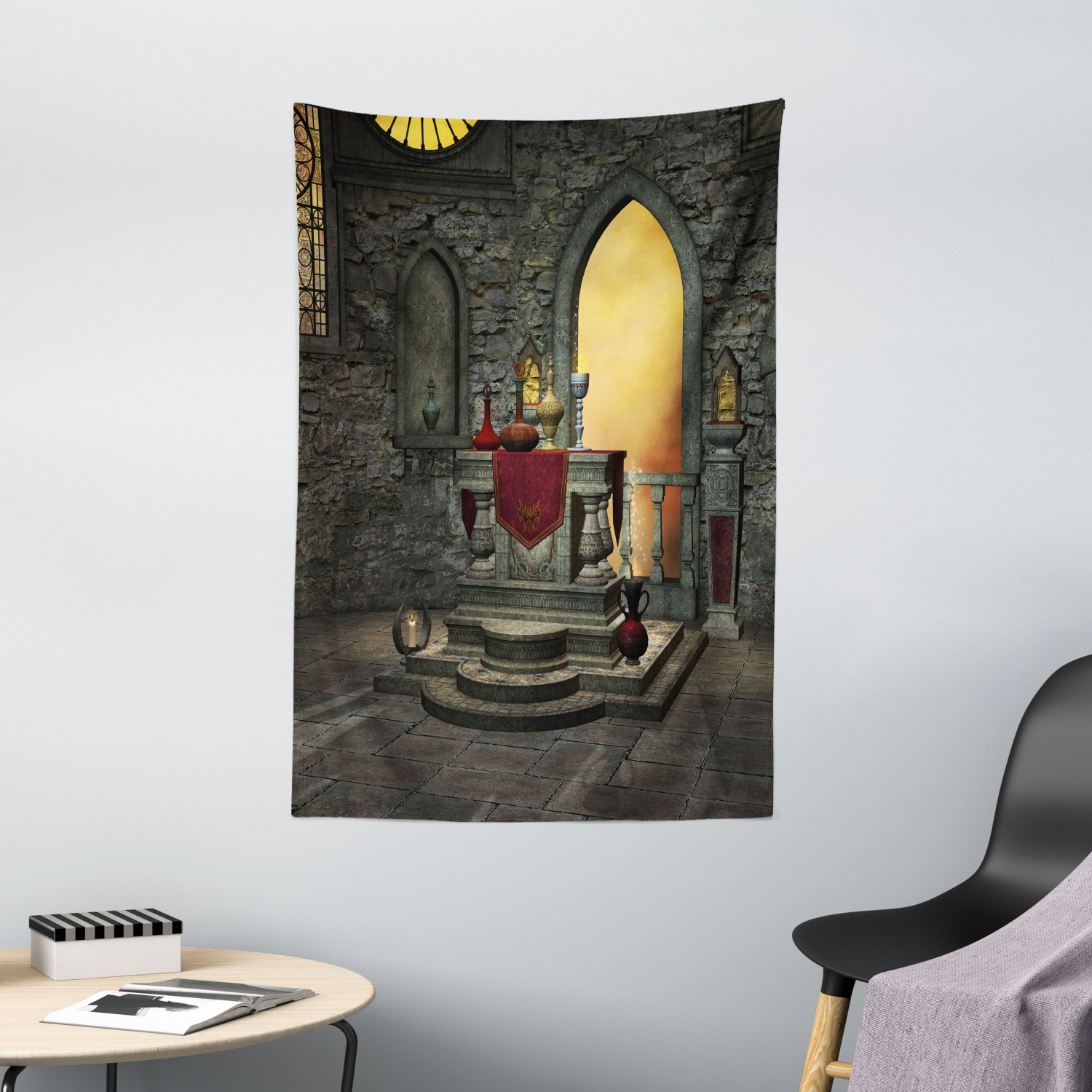 Gothic Tapestry Ancient Holy Altar Print Wall Hanging Decor 60Wx40L Inches 