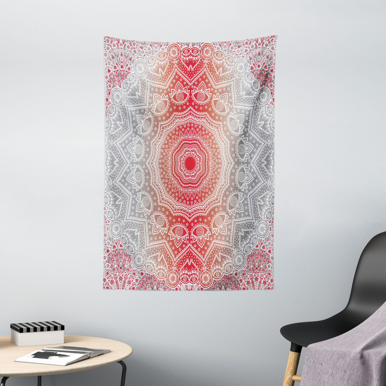 Grey and Red Tapestry Boho Zen Mandala Print Wall Hanging Decor - Picture 2 of 3