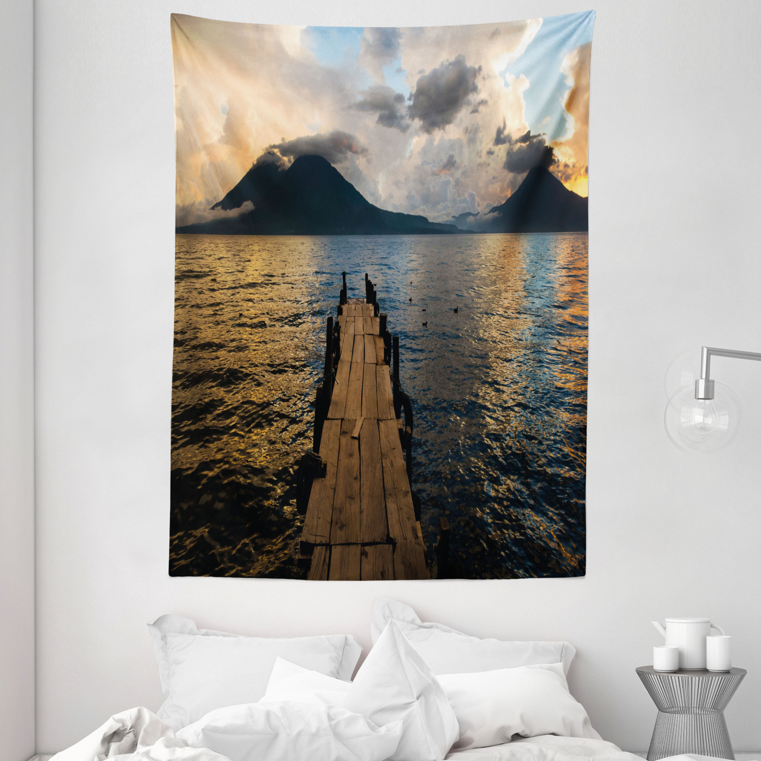 Landscape Tapestry Wooden Pier on Lake Print Wall Hanging Decor