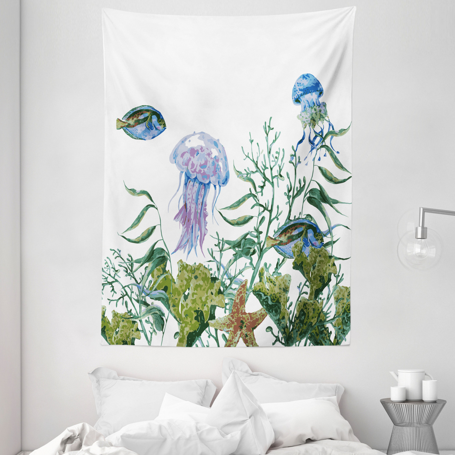 Ocean Tapestry Seaweed Jellyfish Fish Print Wall Hanging Decor