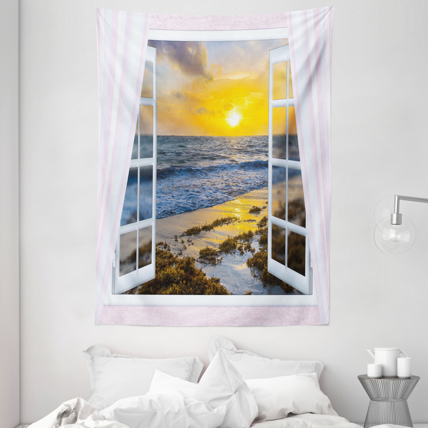 Coastal Tapestry Open Window Sunrise Sea Print Wall Hanging Decor