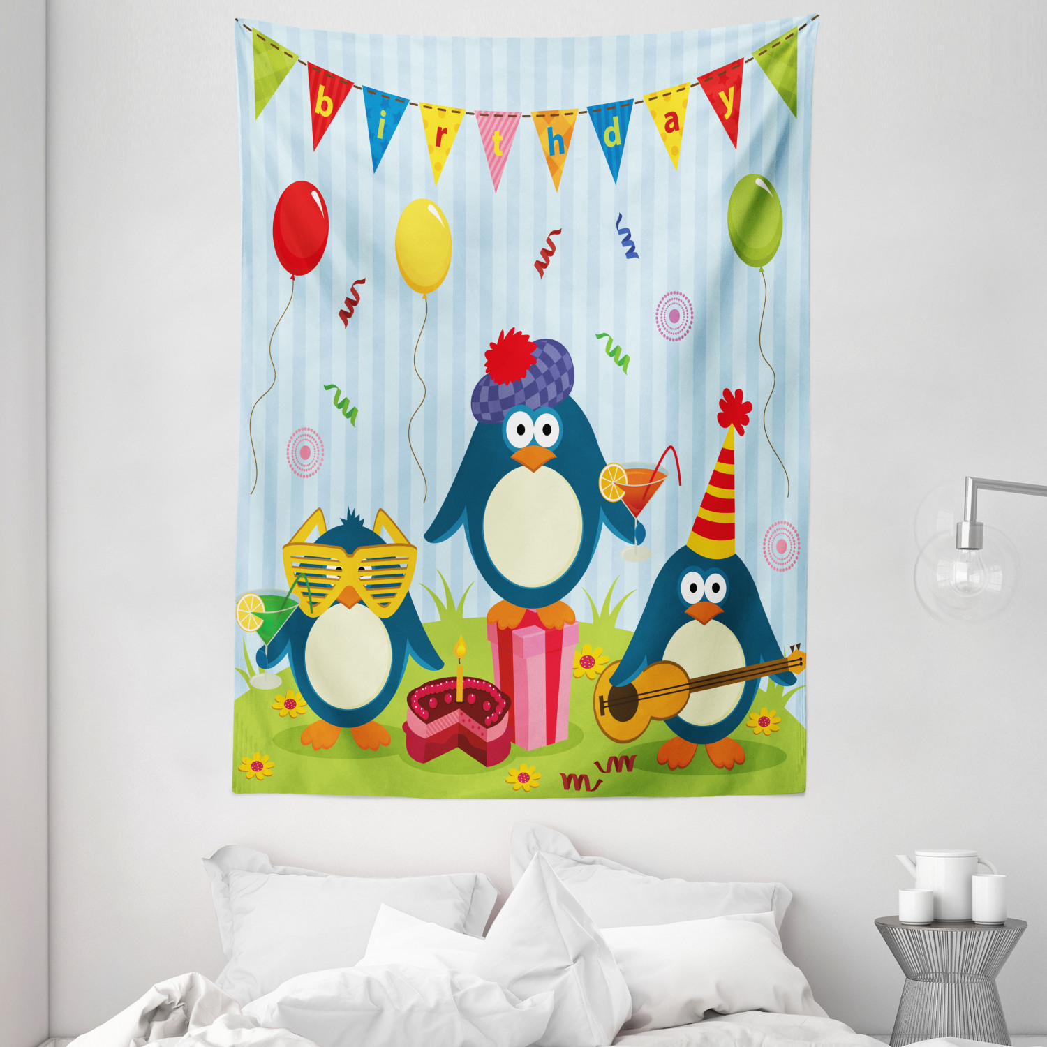 Cartoon Tapestry Birthday Penguin Print Wall Hanging Decor