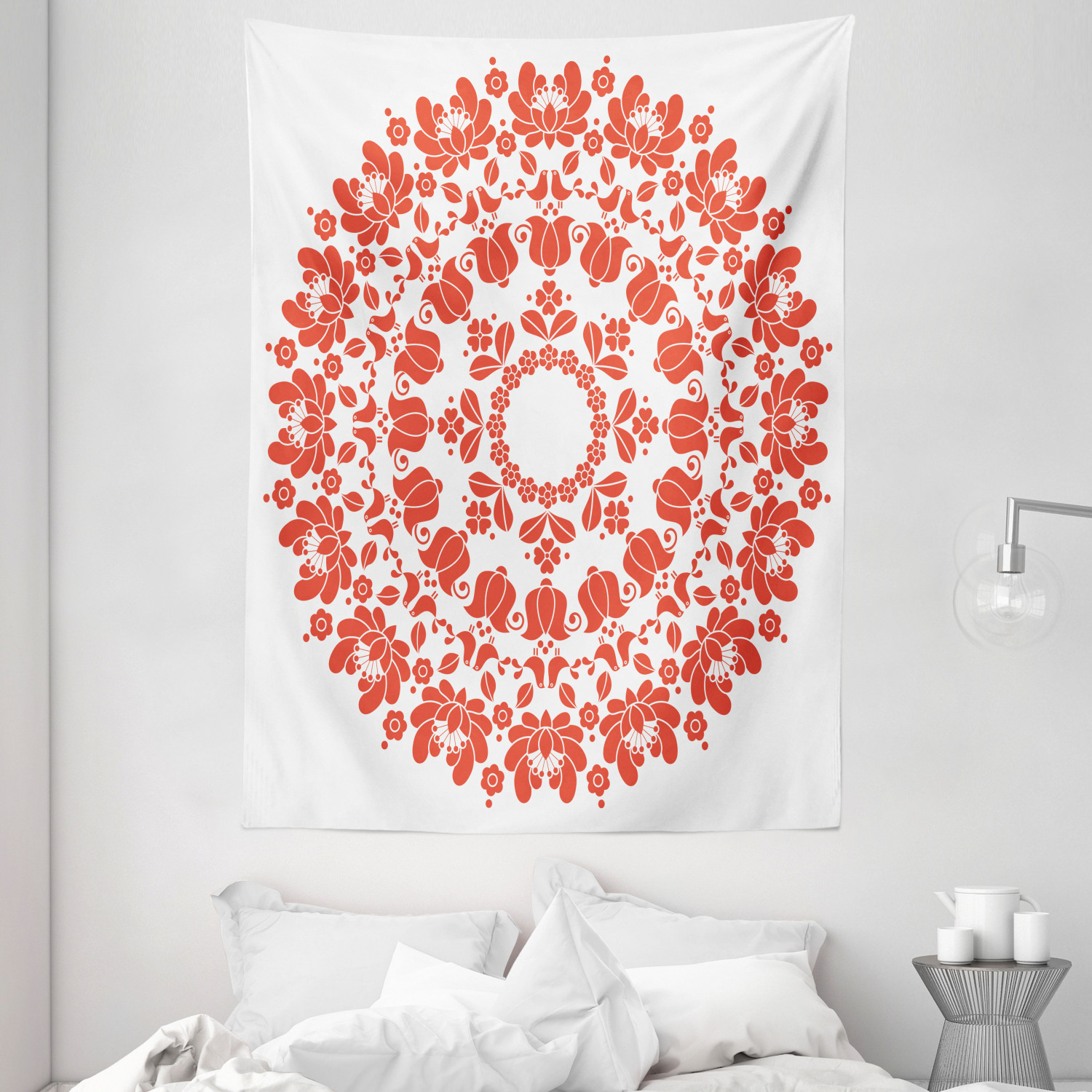 Red Mandala Tapestry Hungarian Folk Art Print Wall Hanging Decor