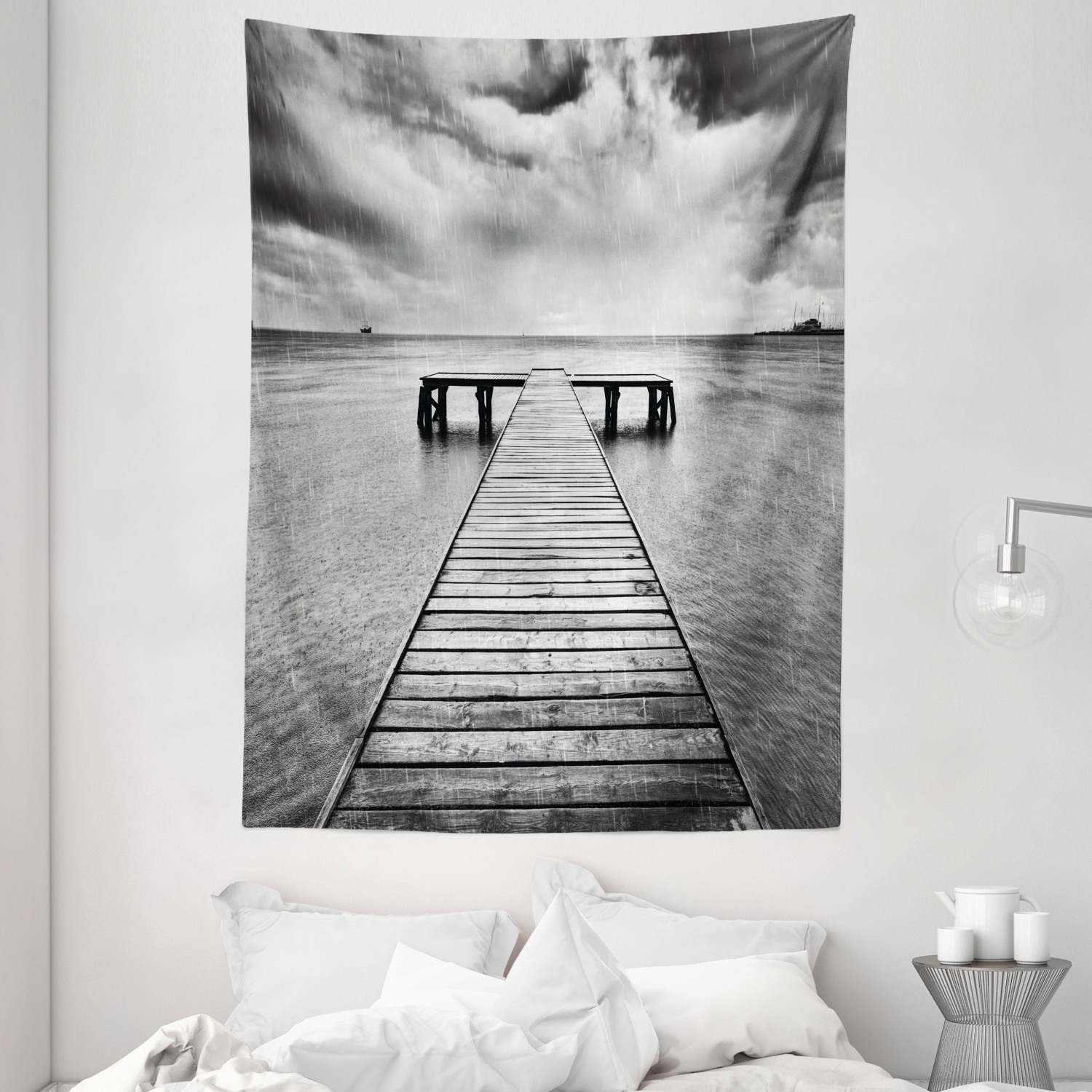 Black and White Tapestry Old Pier on Sea Print Wall Hanging Decor