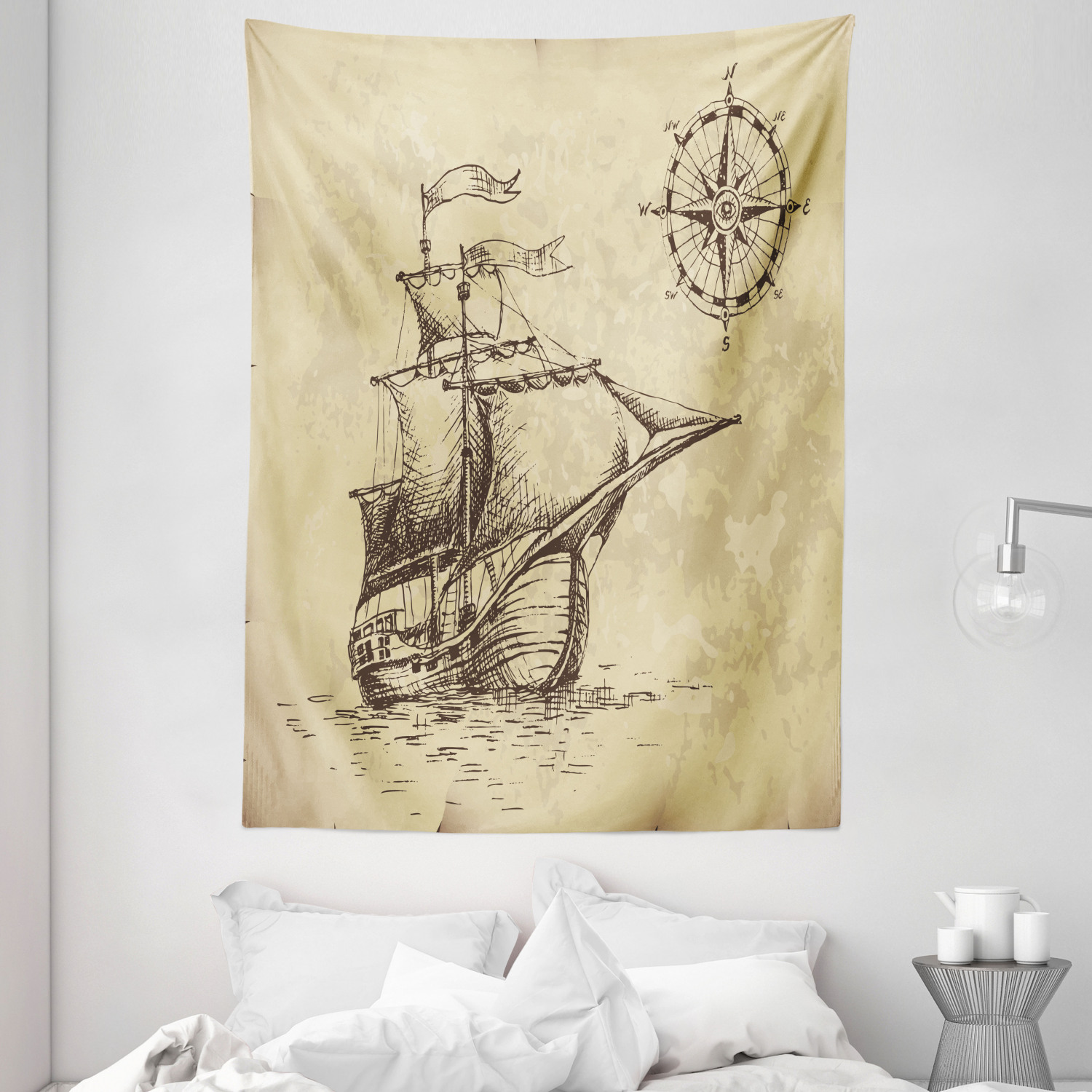 Compass Tapestry Old Paper Ancient Ship Print Wall Hanging Decor