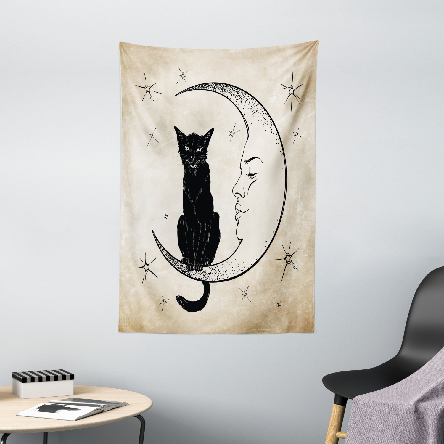 Moon Tapestry Black Cat Siting on Moon Print Wall Hanging Decor | eBay