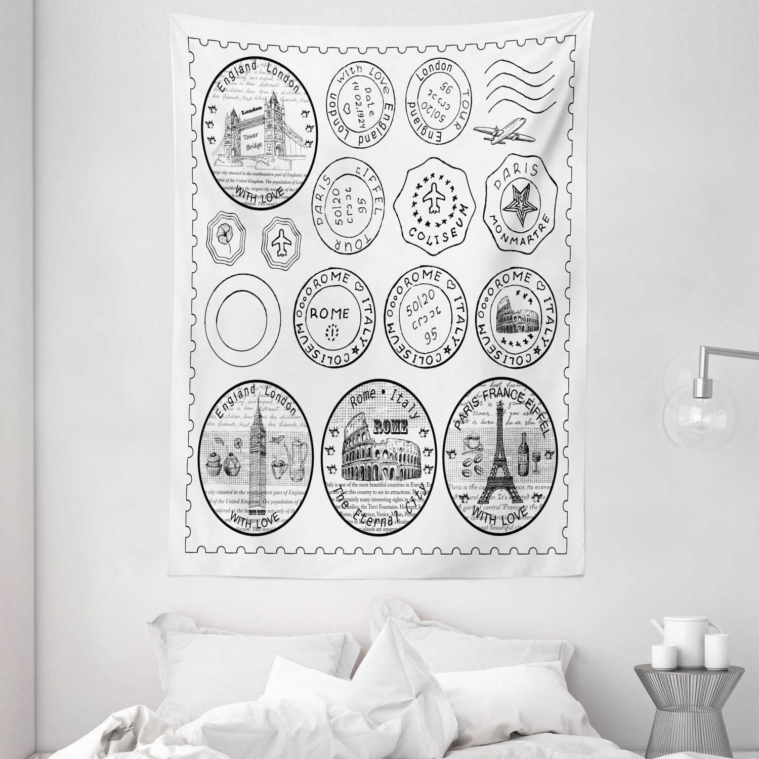 Travel Tapestry Stamps Famous Landmarks Print Wall Hanging Decor