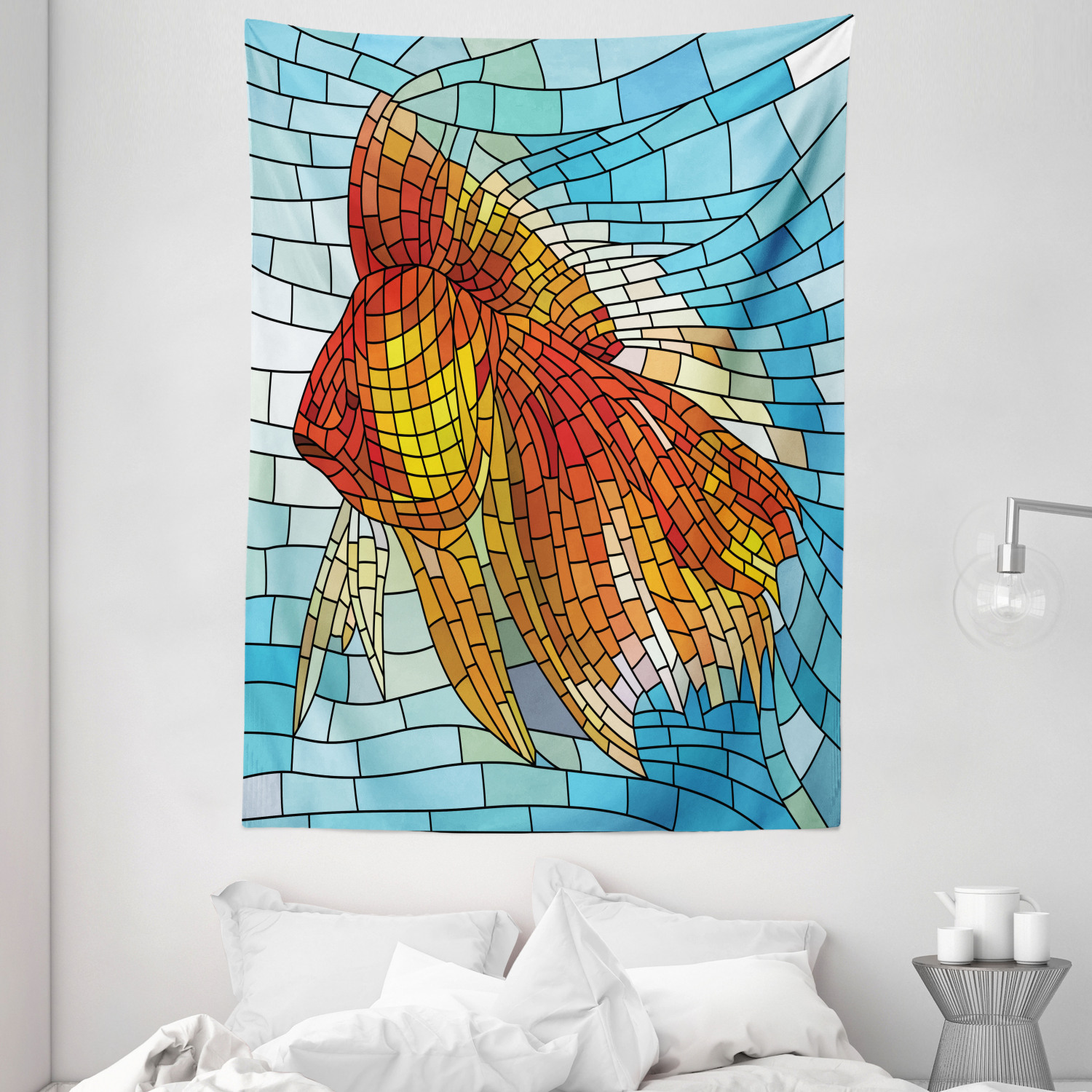 Fish Tapestry Stained Glass Geometric Print Wall Hanging Decor