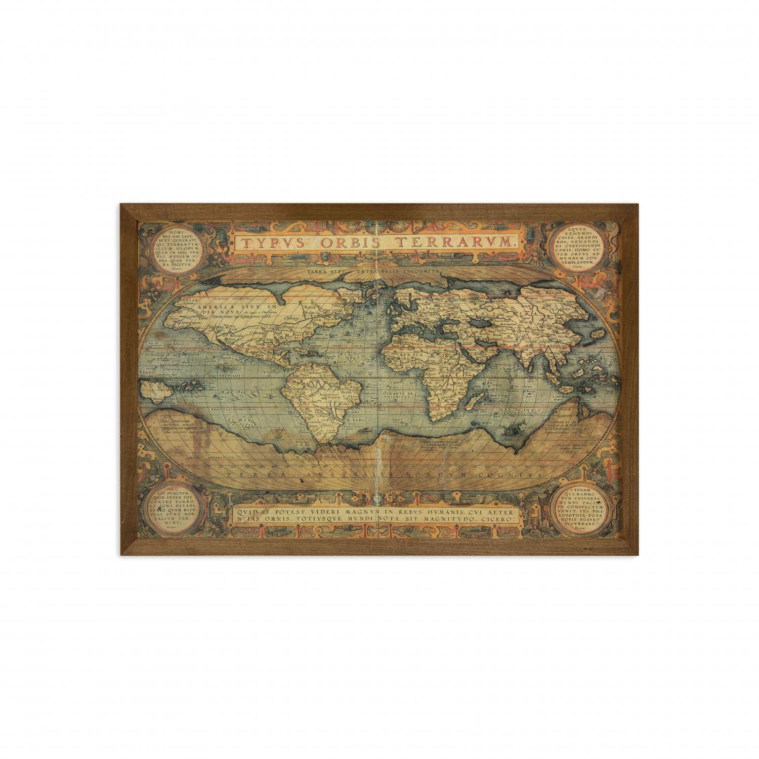 Ambesonne World Map Framed Wall Art, Old Chart Vintage Composition of 16th Century Atlas Print