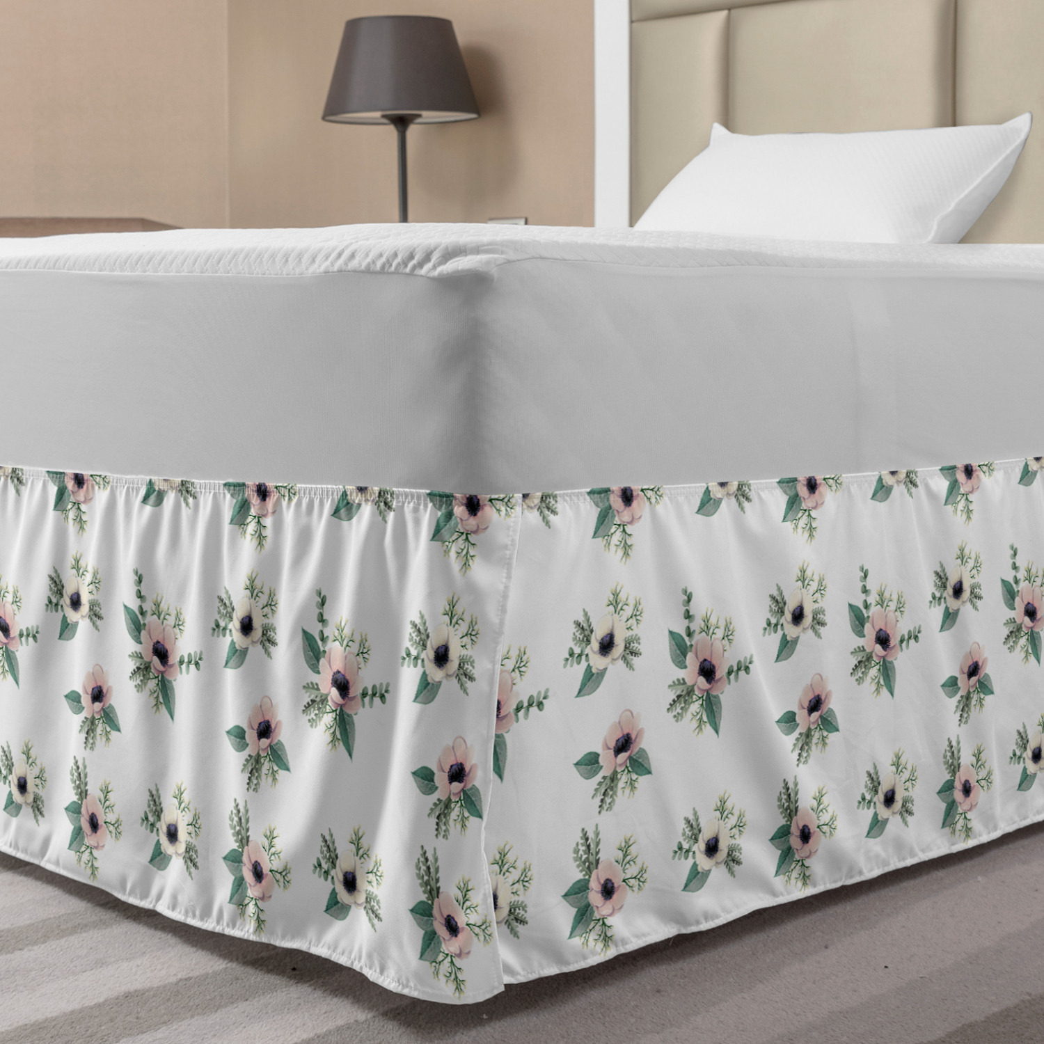 Ambesonne Romance Floral Bedskirt Elastic Wrap Around Skirt Gathered Design 
