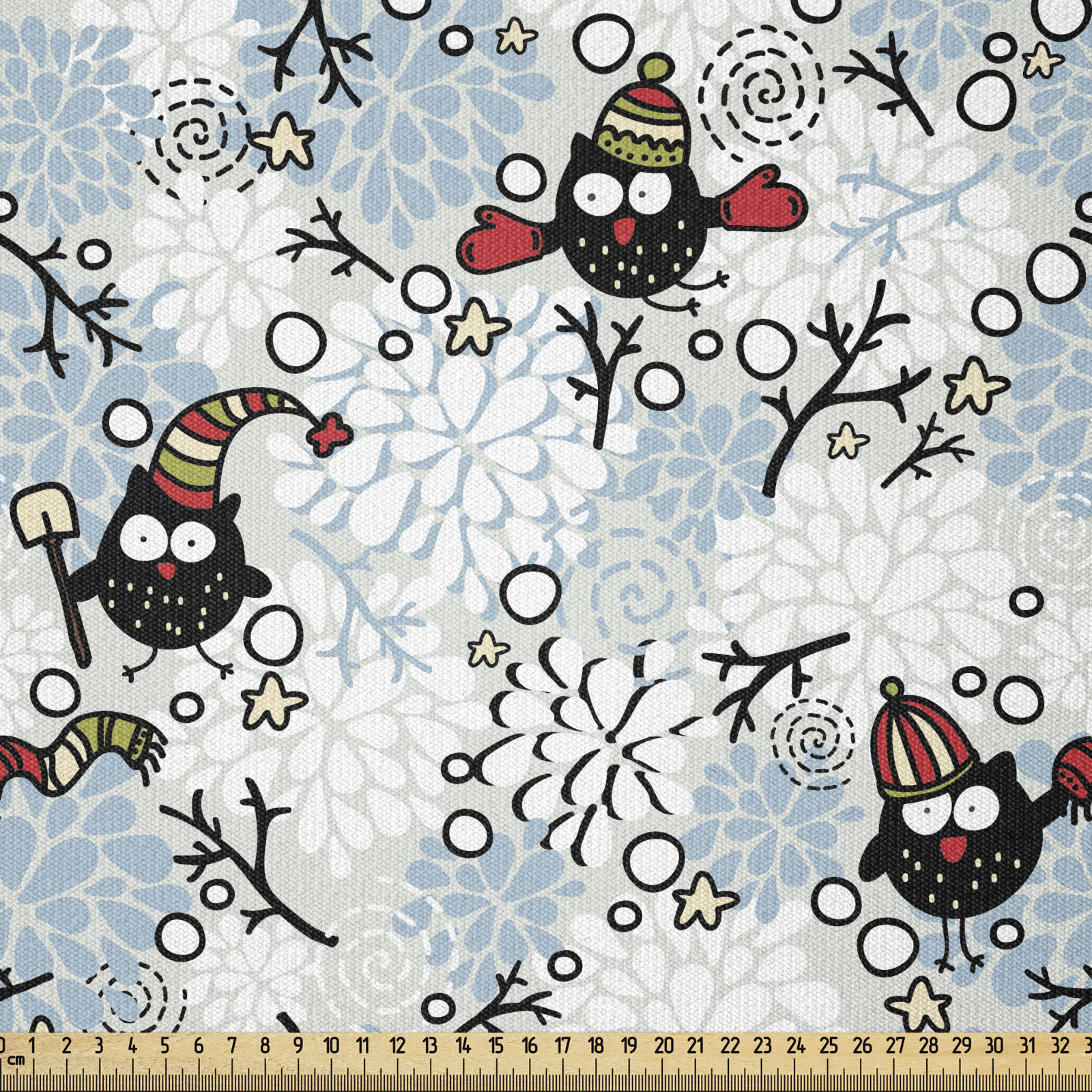 Eulen Stoff als Meterware Winter Schnee Weihnachten Doodle