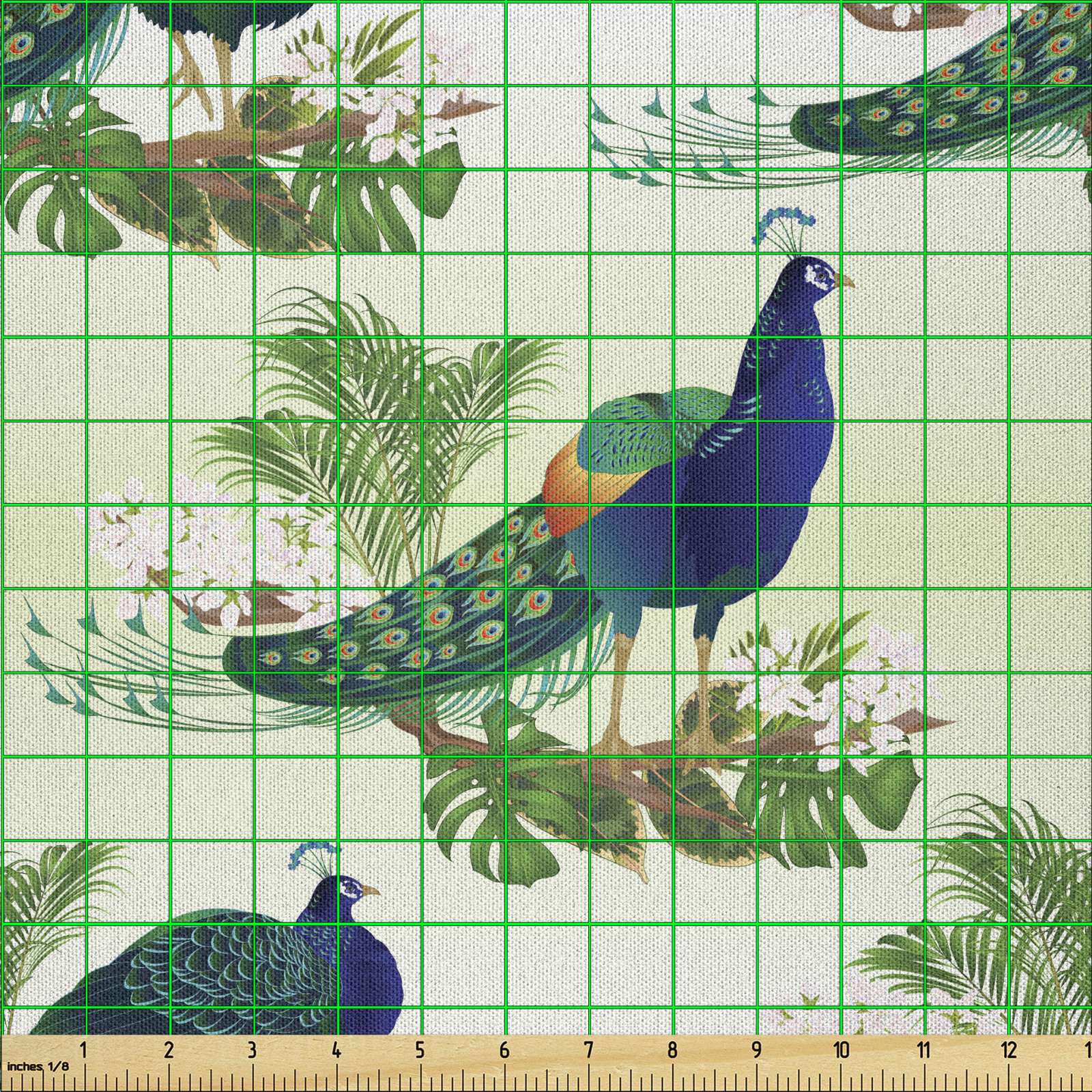 Pfau Microfaser Stoff als Meterware Strauß und Monstera Kunst - Bild 3 von 16