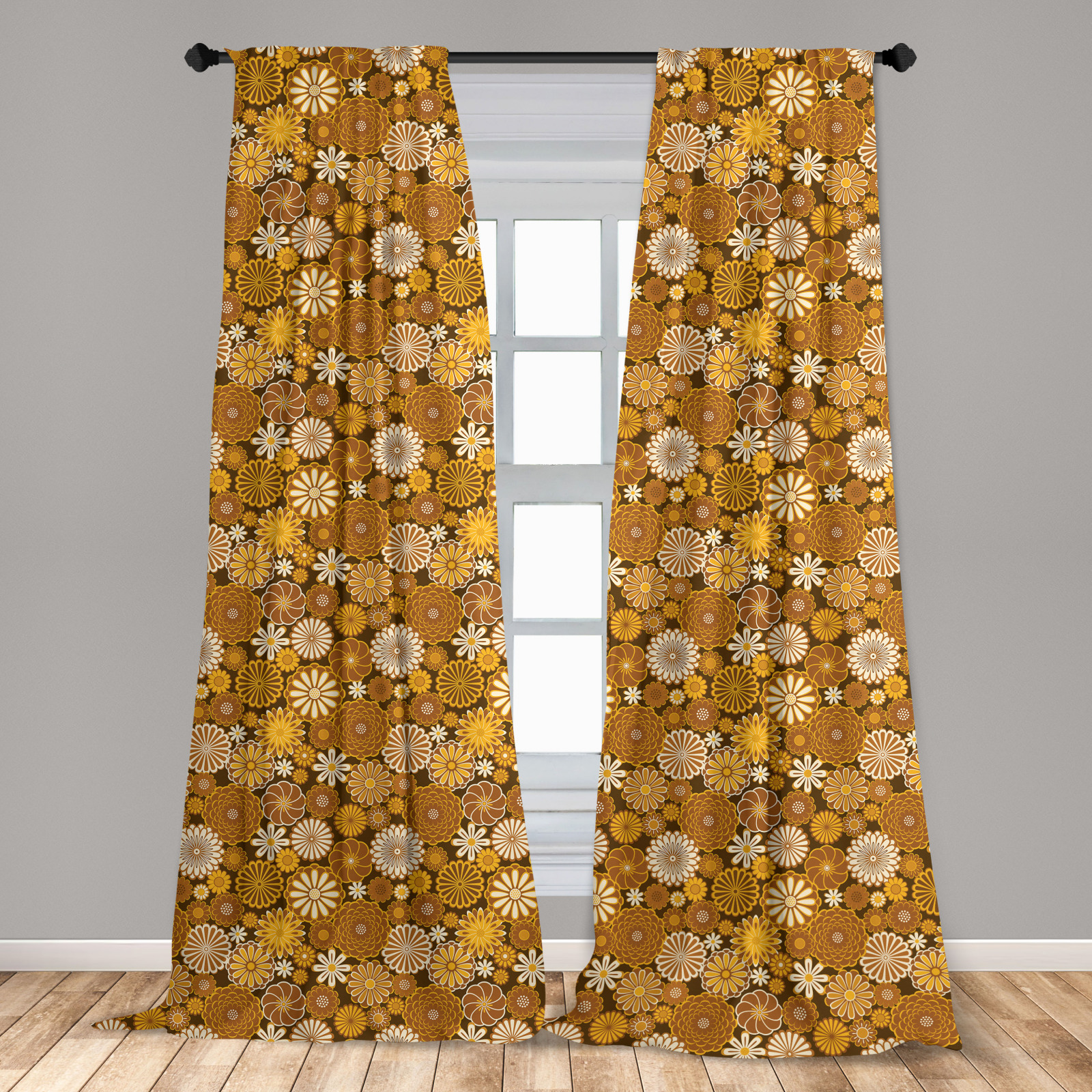 Yellow Brown Curtains 2 Panel Set Round Retro Daisies eBay