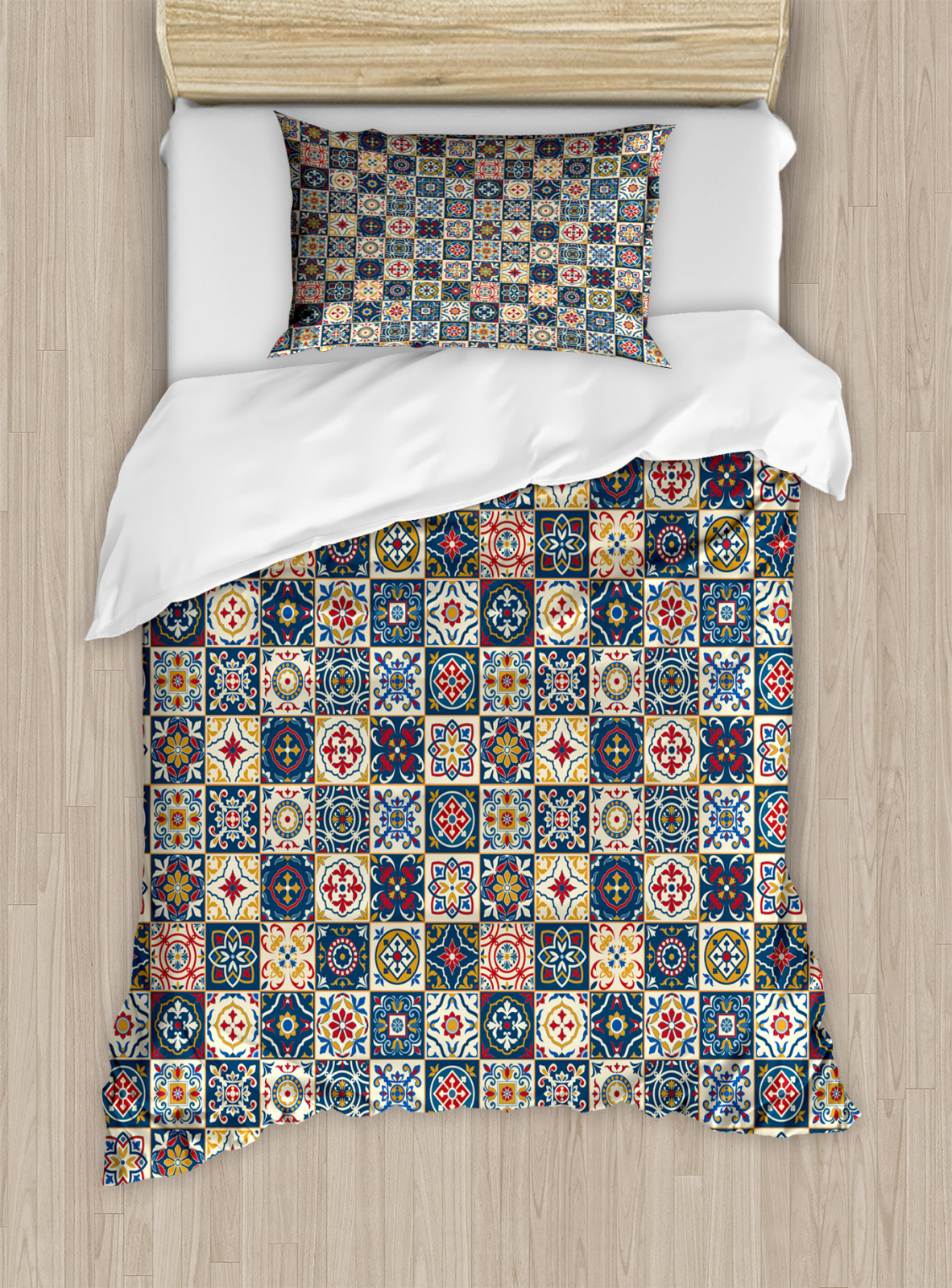 Moroccan Duvet Cover Set Portuguese Tiles Motif