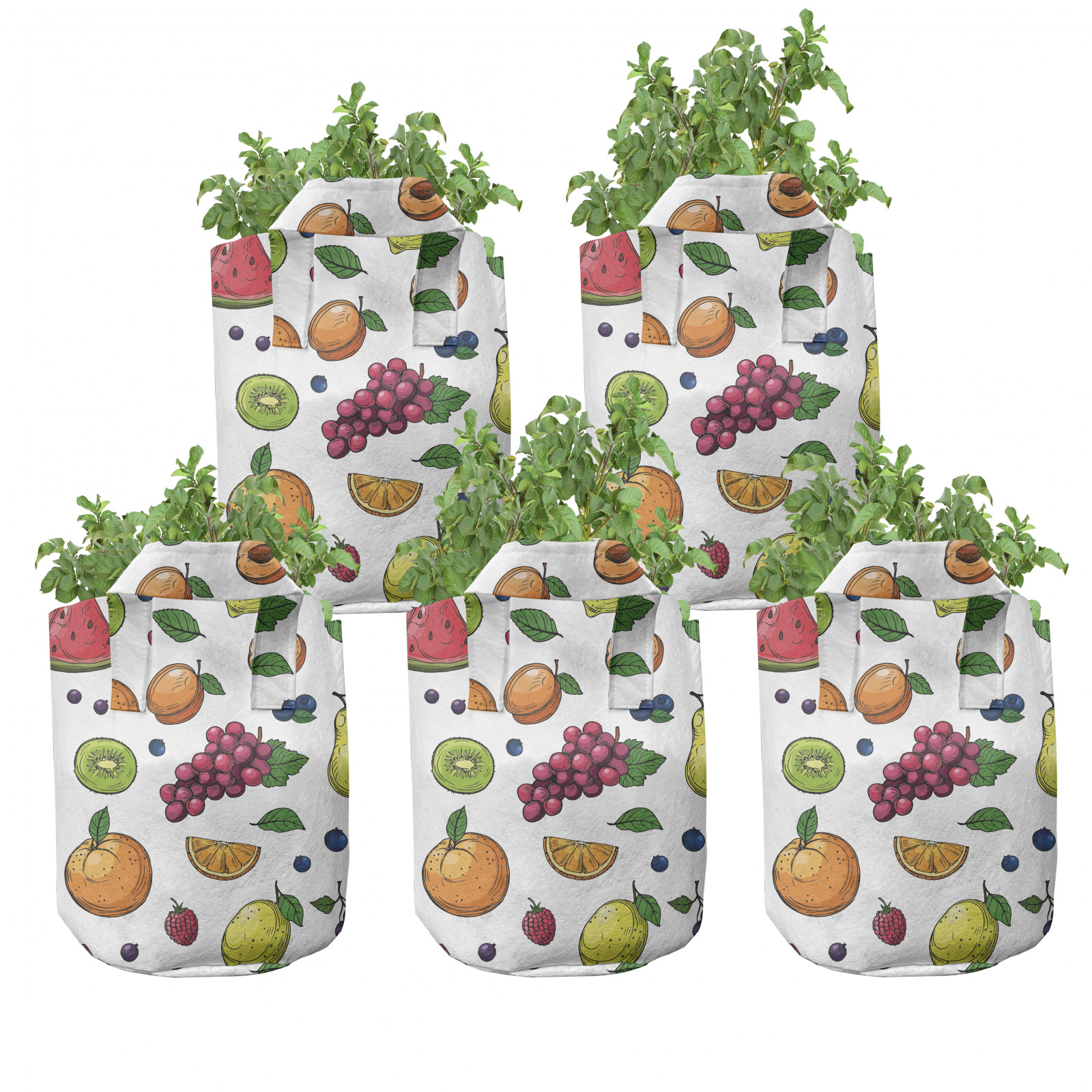 Obst 5er Set Stofftöpfe Stofftaschen Trauben Kiwi Watermelon Berry