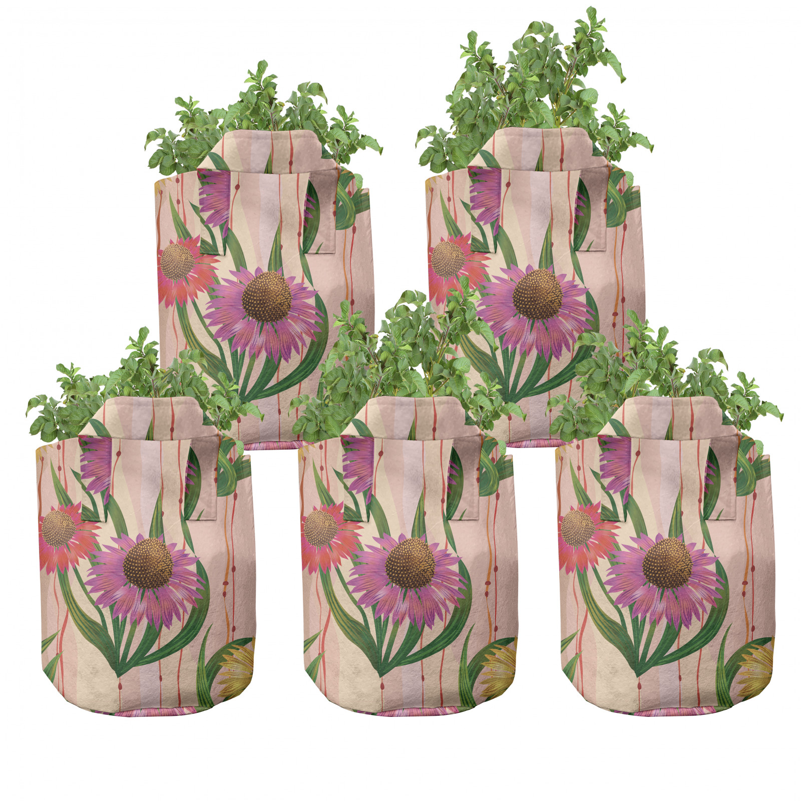 Sonnenhut 5er Set Stofftöpfe Stofftaschen Botanik-Streifen Blumen