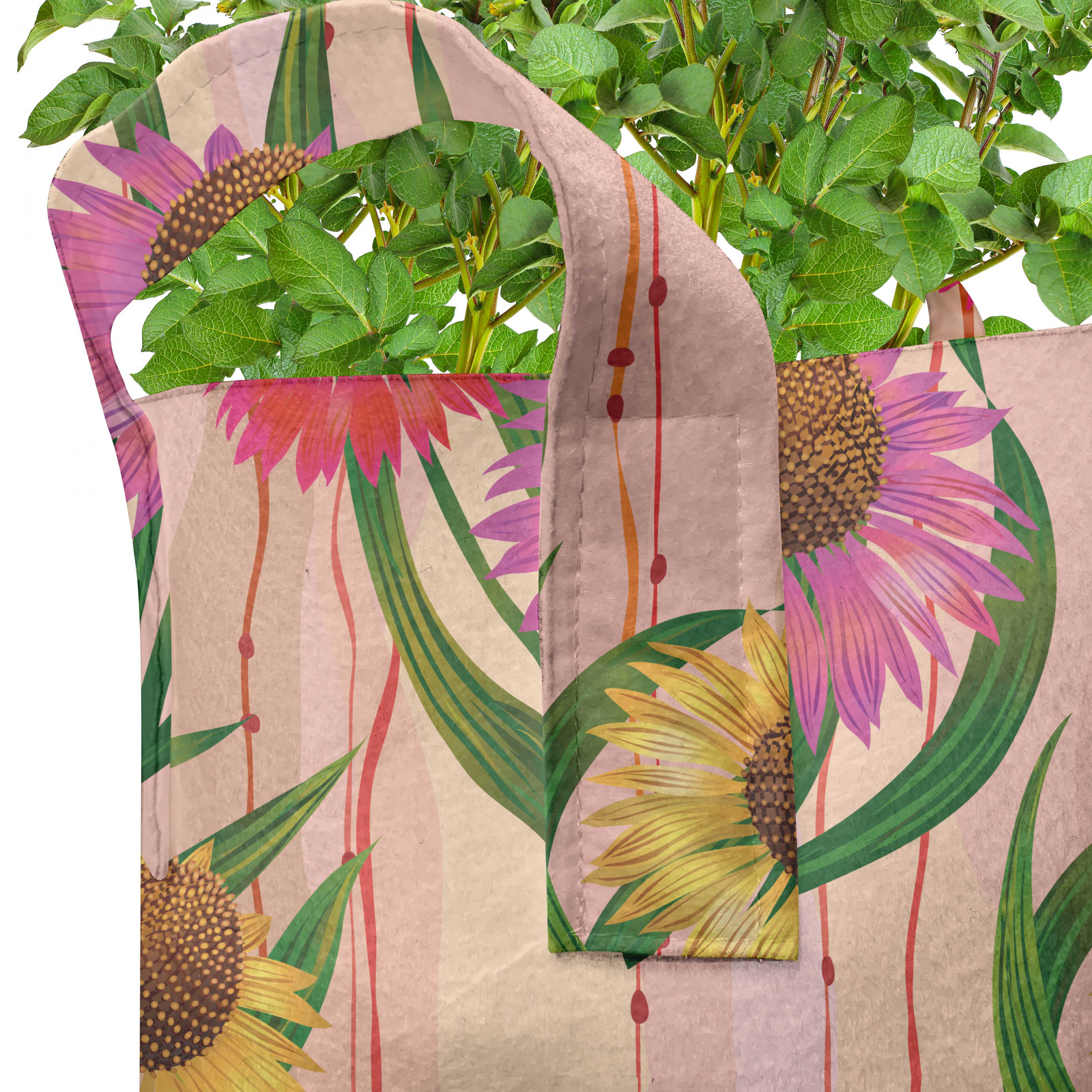 Sonnenhut 5er Set Stofftöpfe Stofftaschen Botanik-Streifen Blumen