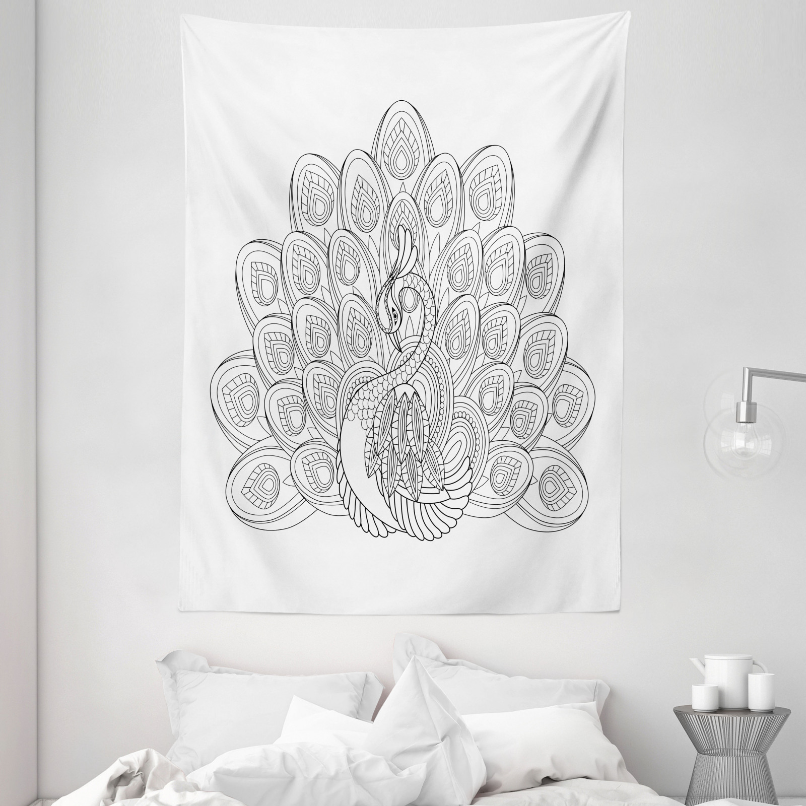 Blanco Tapiz de Pared Esquema de diseño del pájaro del pavo real | eBay