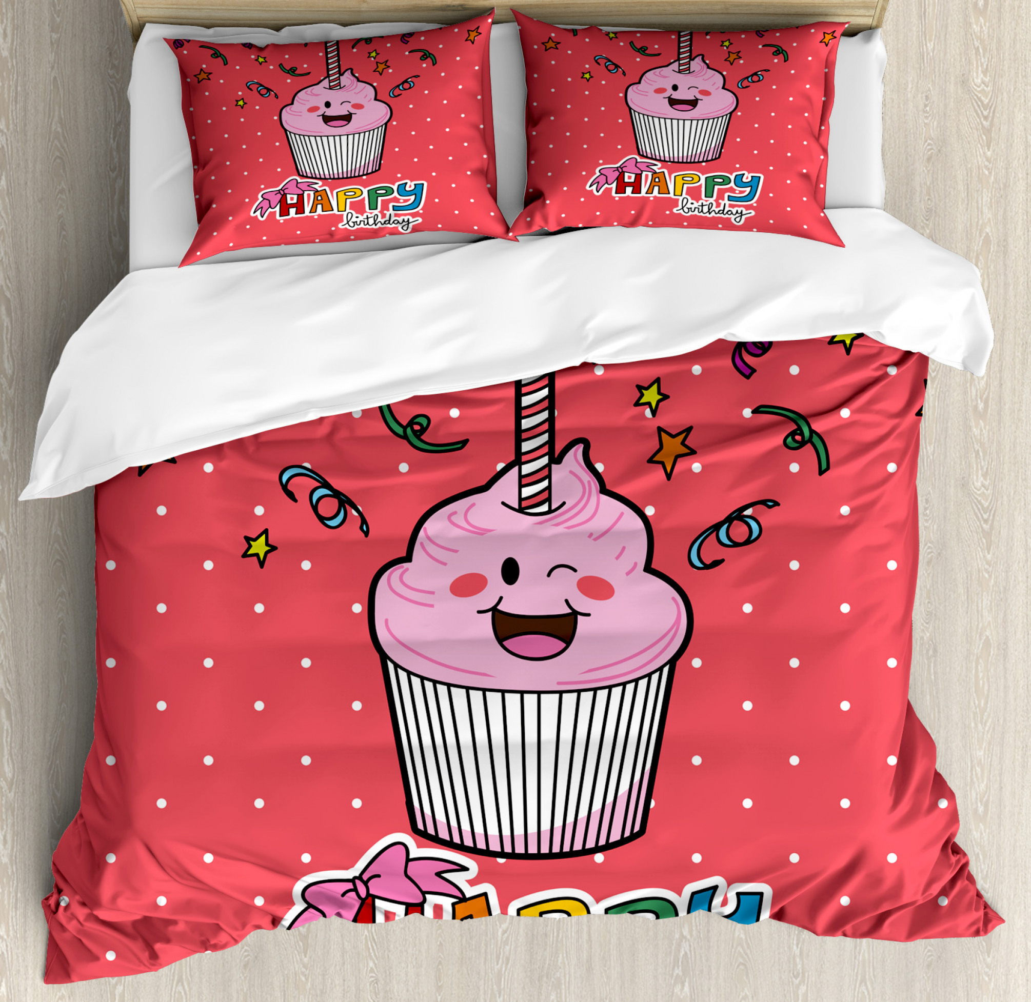 Pink Cupcake Confetti Bow Duvet Cover Set