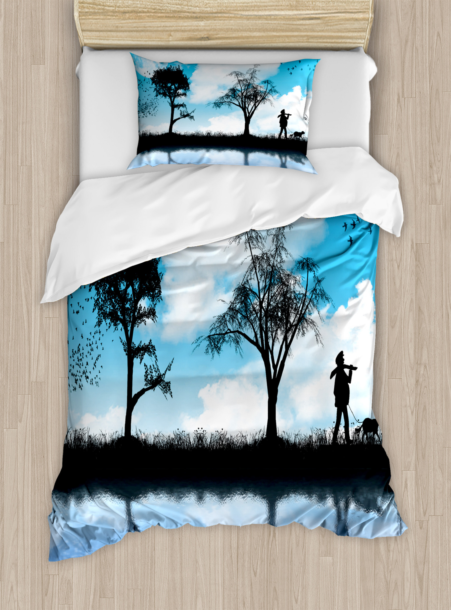 Man Dog Lake Tree Moon Duvet Cover Set