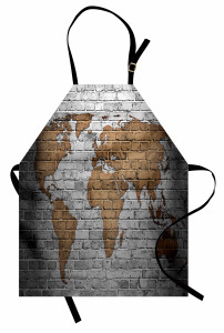 Dünya Haritası Temalı Mutfak Önlüğü Tuğla Duvar Antika