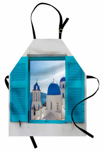 Evde Kilise Manzaralı Mutfak Önlüğü Beyaz Mavi