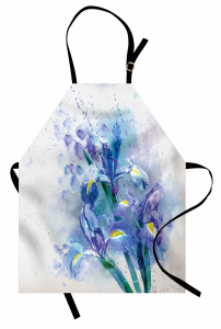 Sulu Boya Çiçek Desenli Mutfak Önlüğü Mavi Mor
