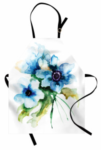 Mavi Çiçekler Desenli Mutfak Önlüğü Sulu Boya