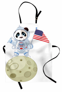 Astronot Panda Desenli Mutfak Önlüğü Astronot Panda Ayda Beyaz