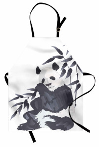 Panda ve Bambu Desenli Mutfak Önlüğü Suluboya Etkili Asya Siyah Beyaz