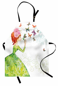 Kelebek ve Kız Desenli Mutfak Önlüğü Yeşil Şık Tasarım