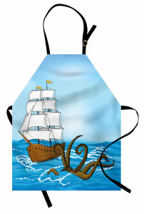 Kraken ve Yelkenli Mutfak Önlüğü Mavi Mitoloji