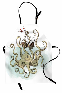 Mitoloji Temalı Mutfak Önlüğü Gemi Kraken Bej Trend