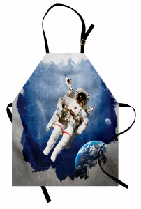 Astronot Desenli Mutfak Önlüğü Uzay Temalı Mavi Gri