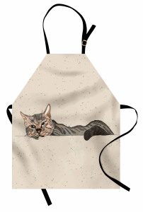 Kedi Desenli Mutfak Önlüğü Bej Trend Şık Tasarım Çizim