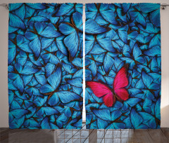 Mavi ve Kırmızı Kelebek Desenli Fon Perde Çeyizlik