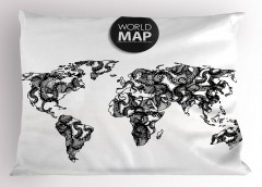 Ahtapot Desenli Yastık Kılıfı Dünya Haritası Siyah